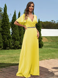 A-Line/Princess Chiffon Sash/Ribbon/Belt V-neck Short Sleeves Floor-Length Bridesmaid Dresses Evening Dress