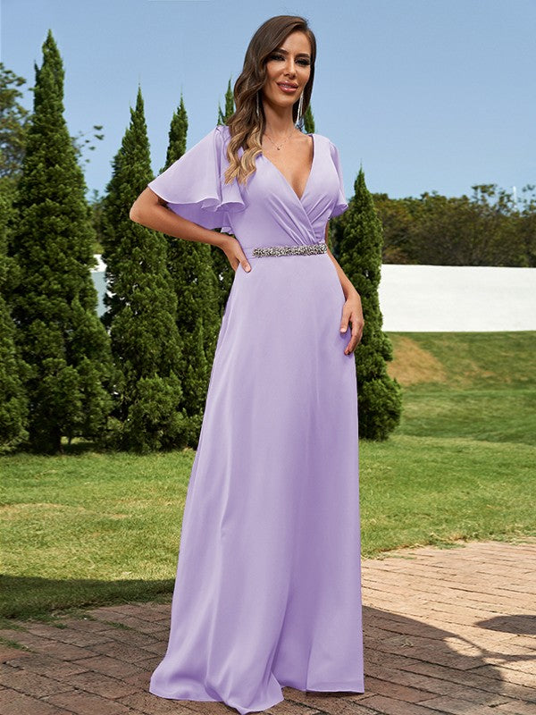 A-Line/Princess Chiffon Sash/Ribbon/Belt V-neck Short Sleeves Floor-Length Bridesmaid Dresses Evening Dress