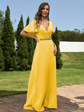 A-Line/Princess Chiffon Sash/Ribbon/Belt V-neck Short Sleeves Floor-Length Bridesmaid Dresses Evening Dress