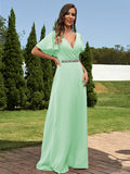 A-Line/Princess Chiffon Sash/Ribbon/Belt V-neck Short Sleeves Floor-Length Bridesmaid Dresses Evening Dress