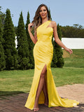 Sheath/Column Silk like Satin Ruched One-Shoulder Sleeveless Sweep/Brush Train Bridesmaid Dresses Evening Dress
