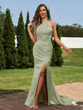 Sheath/Column Silk like Satin Ruched One-Shoulder Sleeveless Sweep/Brush Train Bridesmaid Dresses Evening Dress