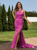 Sheath/Column Silk like Satin Ruched One-Shoulder Sleeveless Sweep/Brush Train Bridesmaid Dresses Evening Dress