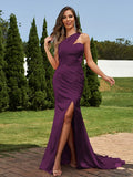 Sheath/Column Silk like Satin Ruched One-Shoulder Sleeveless Sweep/Brush Train Bridesmaid Dresses Evening Dress