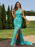 Sheath/Column Silk like Satin Ruched One-Shoulder Sleeveless Sweep/Brush Train Bridesmaid Dresses Evening Dress