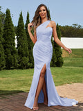 Sheath/Column Silk like Satin Ruched One-Shoulder Sleeveless Sweep/Brush Train Bridesmaid Dresses Evening Dress