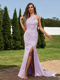 Sheath/Column Silk like Satin Ruched One-Shoulder Sleeveless Sweep/Brush Train Bridesmaid Dresses Evening Dress