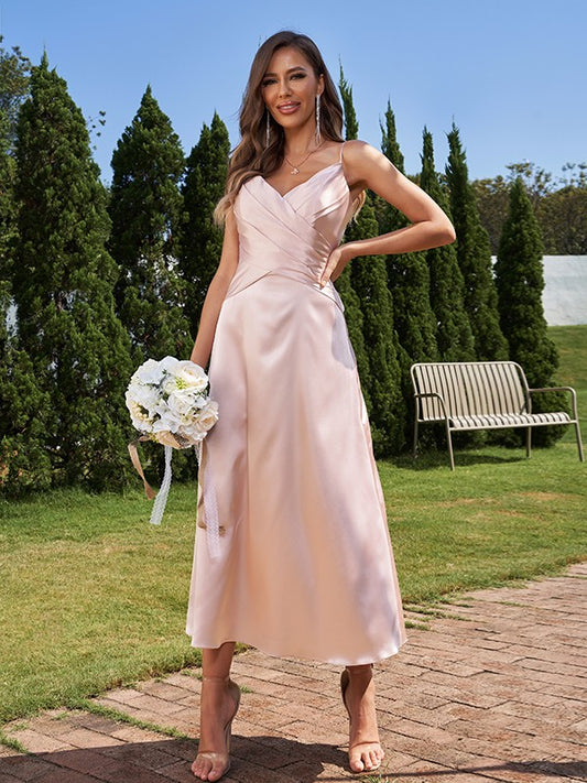 A-Line/Princess Silk like Satin Ruched V-neck Sleeveless Ankle-Length Bridesmaid Dresses Formal Evening Dress