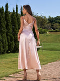 A-Line/Princess Silk like Satin Ruched V-neck Sleeveless Ankle-Length Bridesmaid Dresses Formal Evening Dress