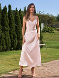 A-Line/Princess Silk like Satin Ruched V-neck Sleeveless Ankle-Length Bridesmaid Dresses Formal Evening Dress