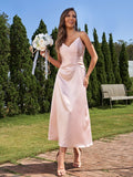 A-Line/Princess Silk like Satin Ruched V-neck Sleeveless Ankle-Length Bridesmaid Dresses Formal Evening Dress