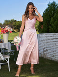A-Line/Princess Silk like Satin Ruched V-neck Sleeveless Ankle-Length Bridesmaid Dresses Formal Evening Dress