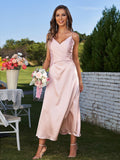 A-Line/Princess Silk like Satin Ruched V-neck Sleeveless Ankle-Length Bridesmaid Dresses Formal Evening Dress