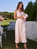 A-Line/Princess Silk like Satin Ruched V-neck Sleeveless Ankle-Length Bridesmaid Dresses Formal Evening Dress