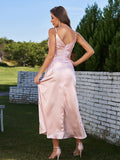 A-Line/Princess Silk like Satin Ruched V-neck Sleeveless Ankle-Length Bridesmaid Dresses Formal Evening Dress