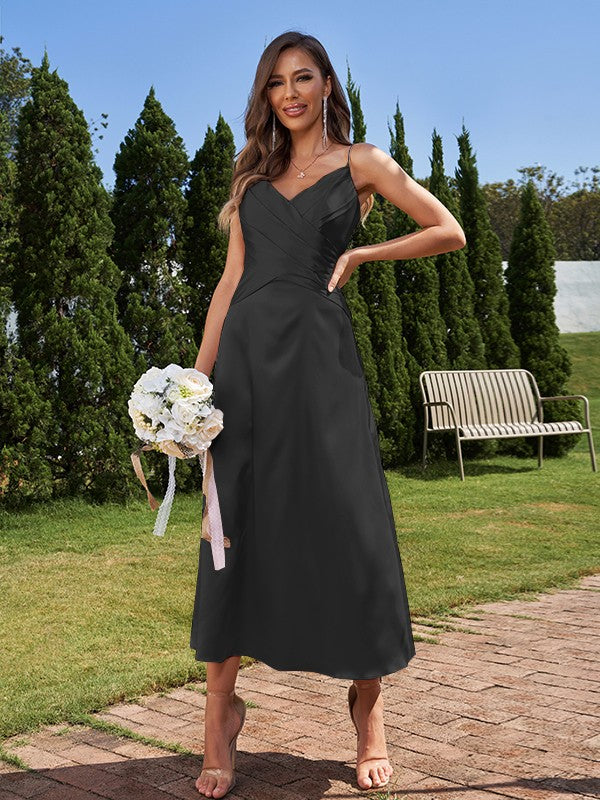 A-Line/Princess Silk like Satin Ruched V-neck Sleeveless Ankle-Length Bridesmaid Dresses Formal Evening Dress