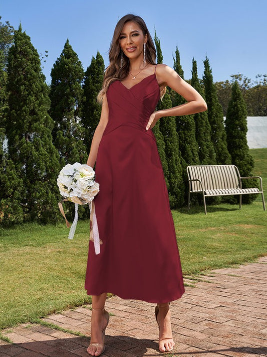 A-Line/Princess Silk like Satin Ruched V-neck Sleeveless Ankle-Length Bridesmaid Dresses Formal Evening Dress