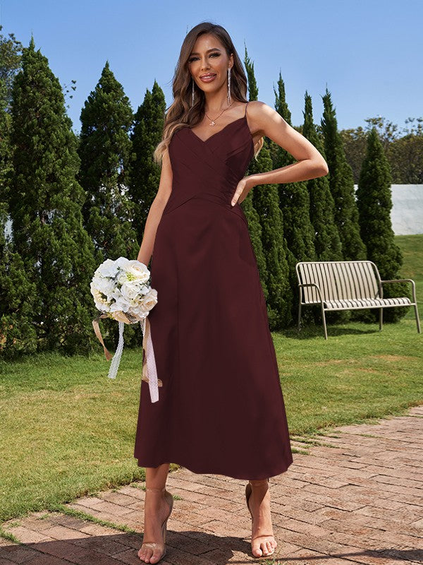 A-Line/Princess Silk like Satin Ruched V-neck Sleeveless Ankle-Length Bridesmaid Dresses Formal Evening Dress