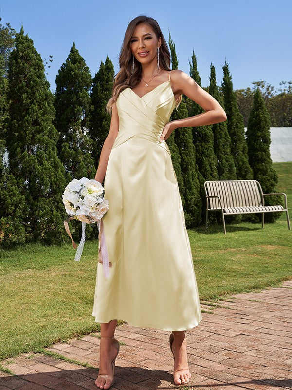 A-Line/Princess Silk like Satin Ruched V-neck Sleeveless Ankle-Length Bridesmaid Dresses Formal Evening Dress