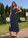 A-Line/Princess Silk like Satin Ruched V-neck Sleeveless Ankle-Length Bridesmaid Dresses Formal Evening Dress