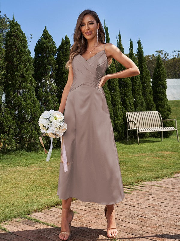 A-Line/Princess Silk like Satin Ruched V-neck Sleeveless Ankle-Length Bridesmaid Dresses Formal Evening Dress