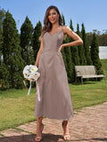 A-Line/Princess Silk like Satin Ruched V-neck Sleeveless Ankle-Length Bridesmaid Dresses Formal Evening Dress