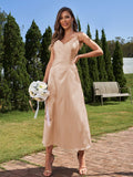 A-Line/Princess Silk like Satin Ruched V-neck Sleeveless Ankle-Length Bridesmaid Dresses Formal Evening Dress