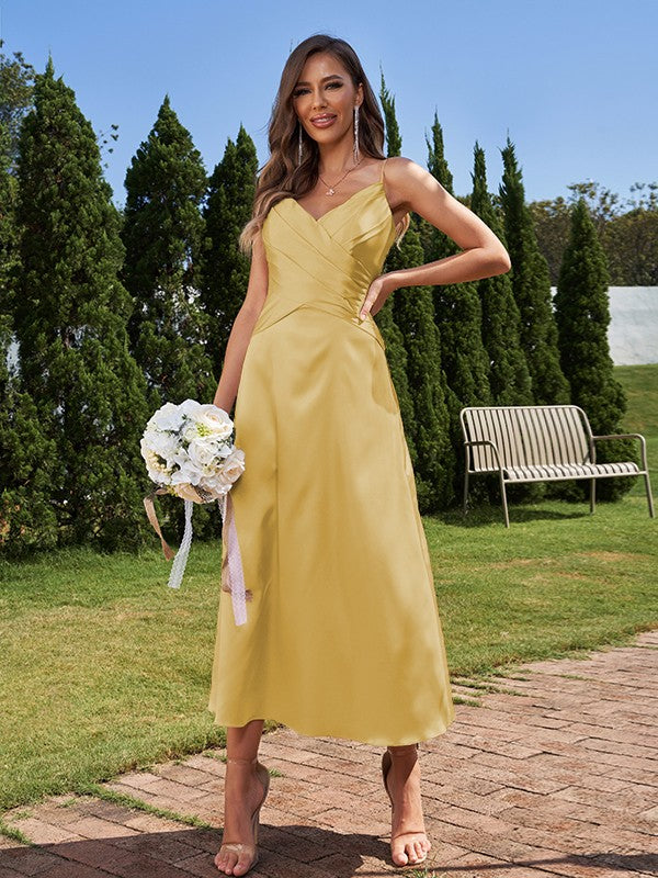 A-Line/Princess Silk like Satin Ruched V-neck Sleeveless Ankle-Length Bridesmaid Dresses Formal Evening Dress