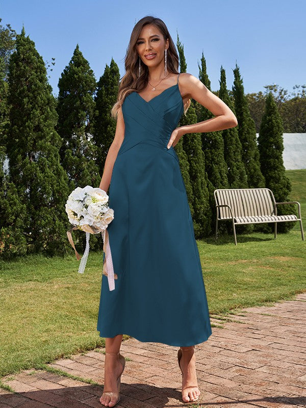 A-Line/Princess Silk like Satin Ruched V-neck Sleeveless Ankle-Length Bridesmaid Dresses Formal Evening Dress