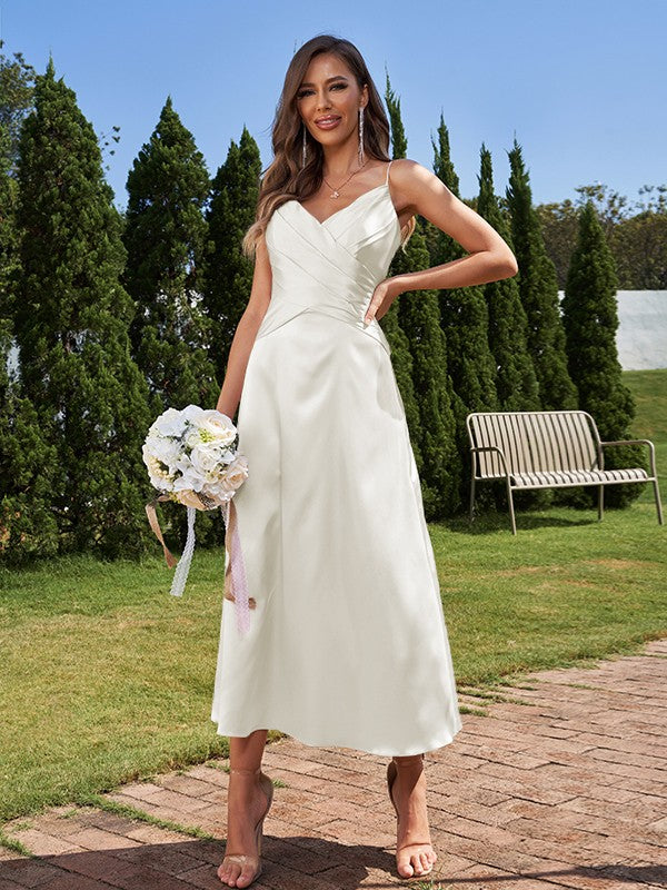 A-Line/Princess Silk like Satin Ruched V-neck Sleeveless Ankle-Length Bridesmaid Dresses Formal Evening Dress