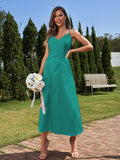 A-Line/Princess Silk like Satin Ruched V-neck Sleeveless Ankle-Length Bridesmaid Dresses Formal Evening Dress