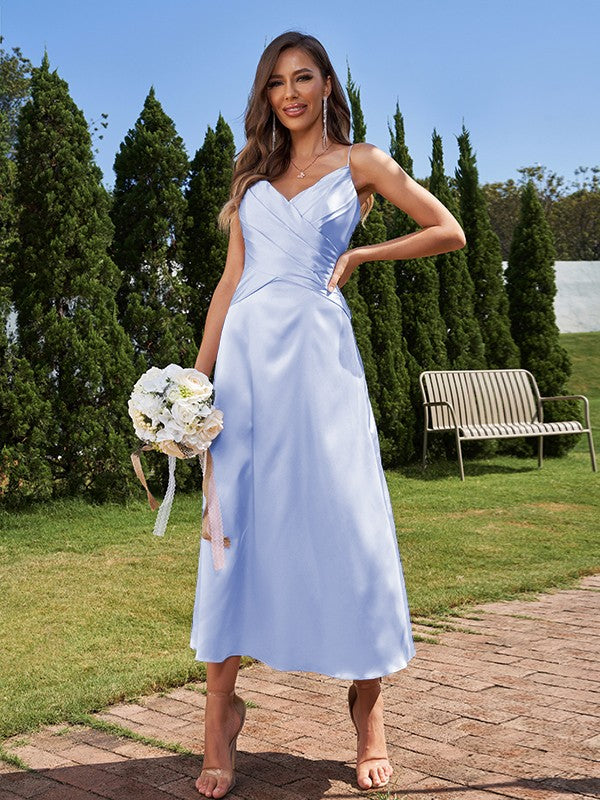 A-Line/Princess Silk like Satin Ruched V-neck Sleeveless Ankle-Length Bridesmaid Dresses Formal Evening Dress