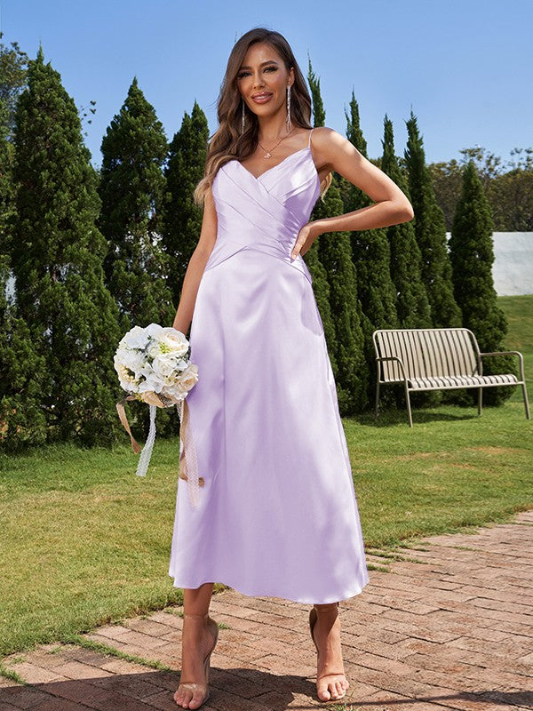A-Line/Princess Silk like Satin Ruched V-neck Sleeveless Ankle-Length Bridesmaid Dresses Formal Evening Dress