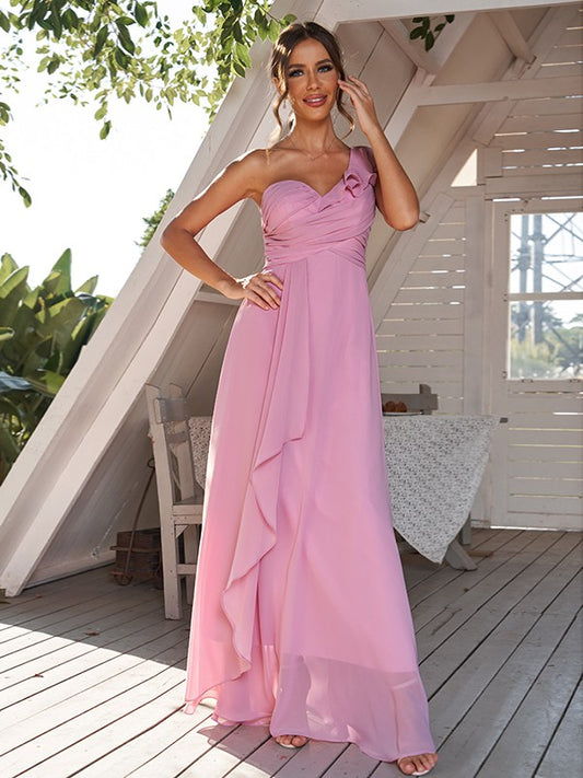 A-Line/Princess Chiffon Ruched One-Shoulder Sleeveless Floor-Length Bridesmaid Dresses Evening Prom Dress