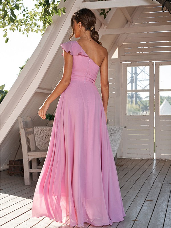 A-Line/Princess Chiffon Ruched One-Shoulder Sleeveless Floor-Length Bridesmaid Dresses Evening Prom Dress
