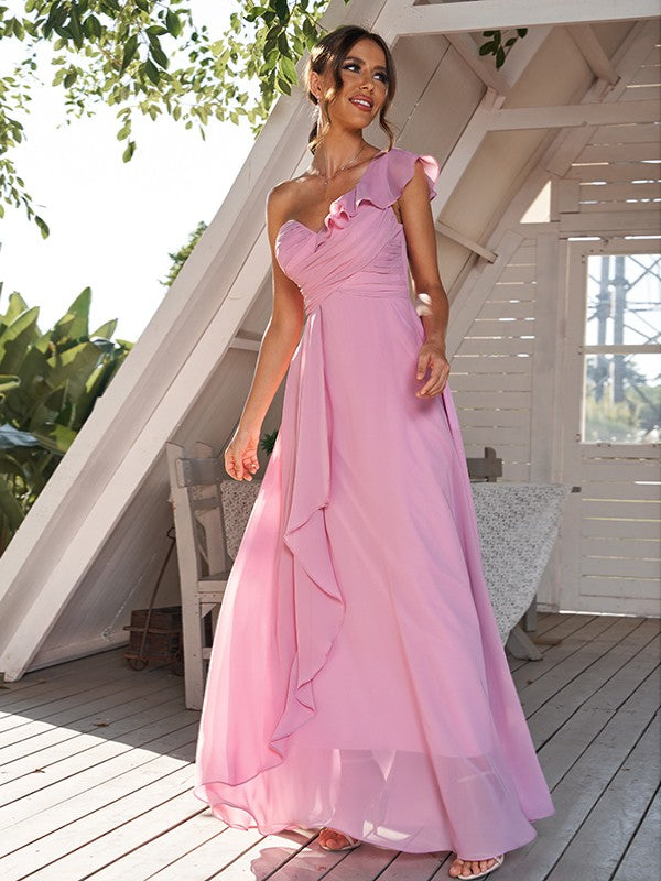 A-Line/Princess Chiffon Ruched One-Shoulder Sleeveless Floor-Length Bridesmaid Dresses Evening Prom Dress