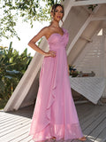 A-Line/Princess Chiffon Ruched One-Shoulder Sleeveless Floor-Length Bridesmaid Dresses Evening Prom Dress