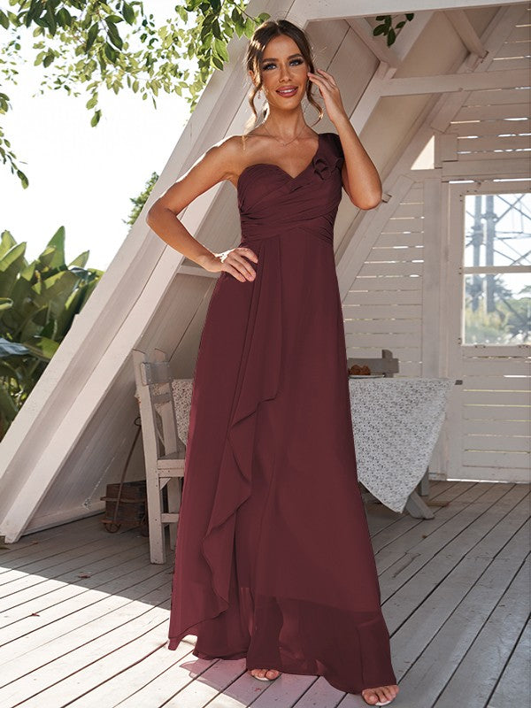 A-Line/Princess Chiffon Ruched One-Shoulder Sleeveless Floor-Length Bridesmaid Dresses Evening Prom Dress