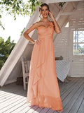 A-Line/Princess Chiffon Ruched One-Shoulder Sleeveless Floor-Length Bridesmaid Dresses Evening Prom Dress