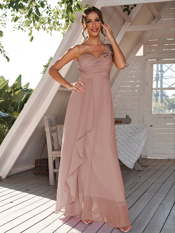 A-Line/Princess Chiffon Ruched One-Shoulder Sleeveless Floor-Length Bridesmaid Dresses Evening Prom Dress