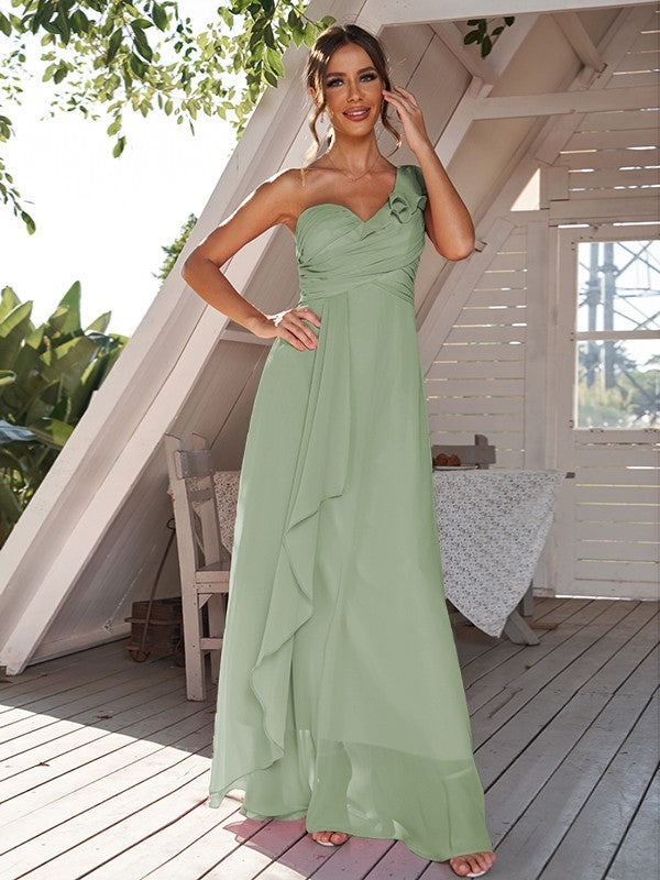 A-Line/Princess Chiffon Ruched One-Shoulder Sleeveless Floor-Length Bridesmaid Dresses Evening Prom Dress