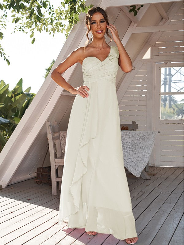 A-Line/Princess Chiffon Ruched One-Shoulder Sleeveless Floor-Length Bridesmaid Dresses Evening Prom Dress