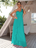 A-Line/Princess Chiffon Ruched One-Shoulder Sleeveless Floor-Length Bridesmaid Dresses Evening Prom Dress