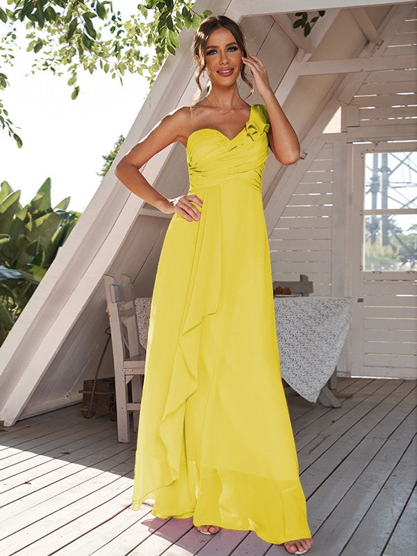 A-Line/Princess Chiffon Ruched One-Shoulder Sleeveless Floor-Length Bridesmaid Dresses Evening Prom Dress