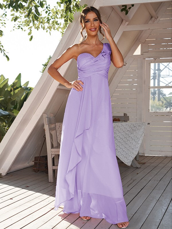A-Line/Princess Chiffon Ruched One-Shoulder Sleeveless Floor-Length Bridesmaid Dresses Evening Prom Dress