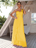 A-Line/Princess Chiffon Ruched One-Shoulder Sleeveless Floor-Length Bridesmaid Dresses Evening Prom Dress