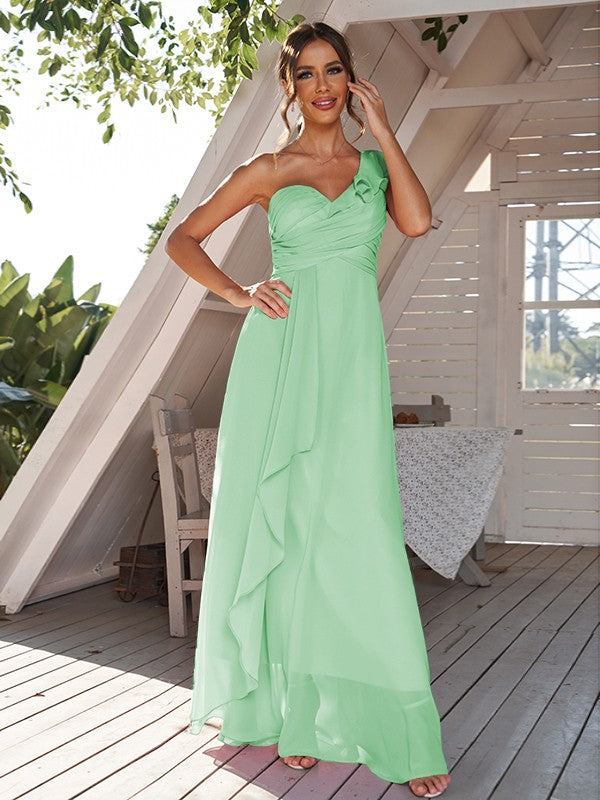 A-Line/Princess Chiffon Ruched One-Shoulder Sleeveless Floor-Length Bridesmaid Dresses Evening Prom Dress