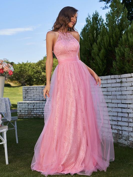 A-Line/Princess Tulle Ruffles Halter Sleeveless Sweep/Brush Train Bridesmaid Dresses Formal Evening Dress