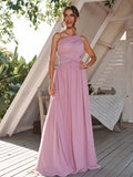 A-Line/Princess Chiffon Ruched One-Shoulder Sleeveless Floor-Length Bridesmaid Dresses Formal Evening Dress