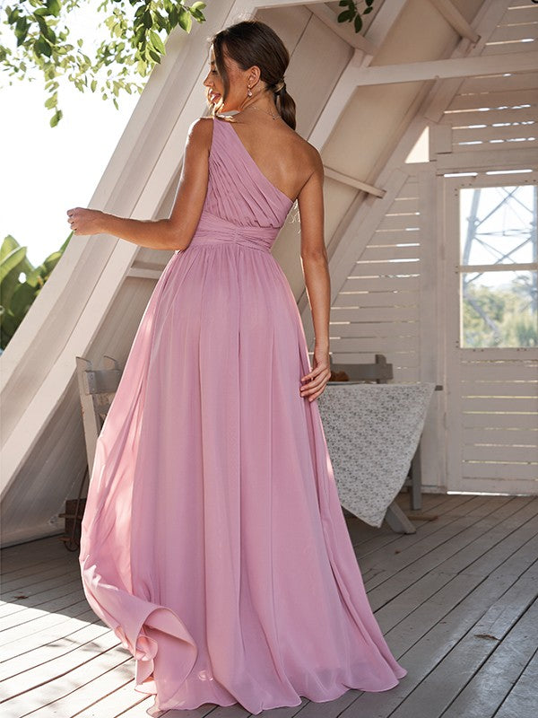 A-Line/Princess Chiffon Ruched One-Shoulder Sleeveless Floor-Length Bridesmaid Dresses Formal Evening Dress